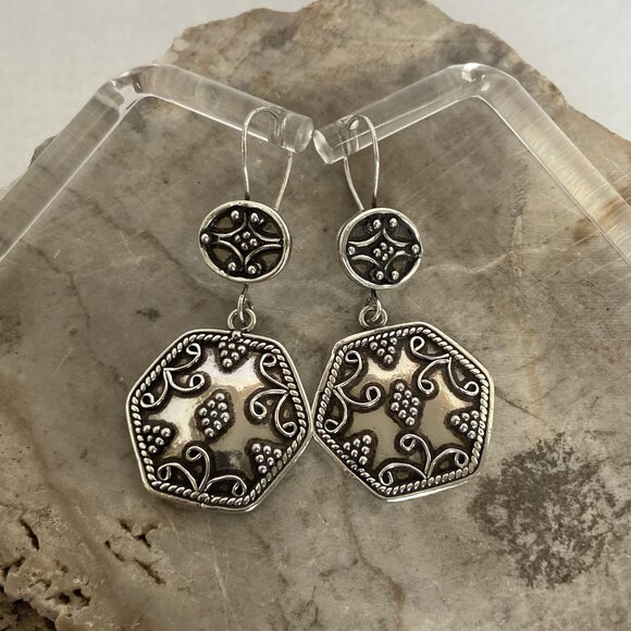 VTG Sterling Silver 925 Etruscan Moroccan Style Hexagonal Drop Dangle Earrings - Picture 3 of 16